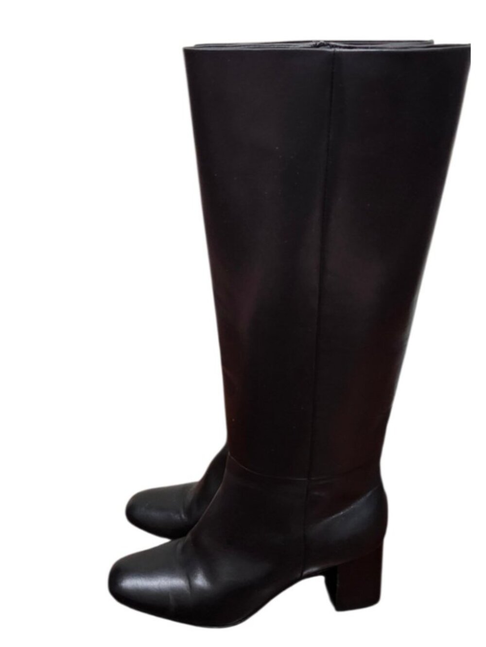 Paige Black Leather Knee High Boots Block Heel Minimalist Tall Zip Riding Boots - Picture 6 of 15